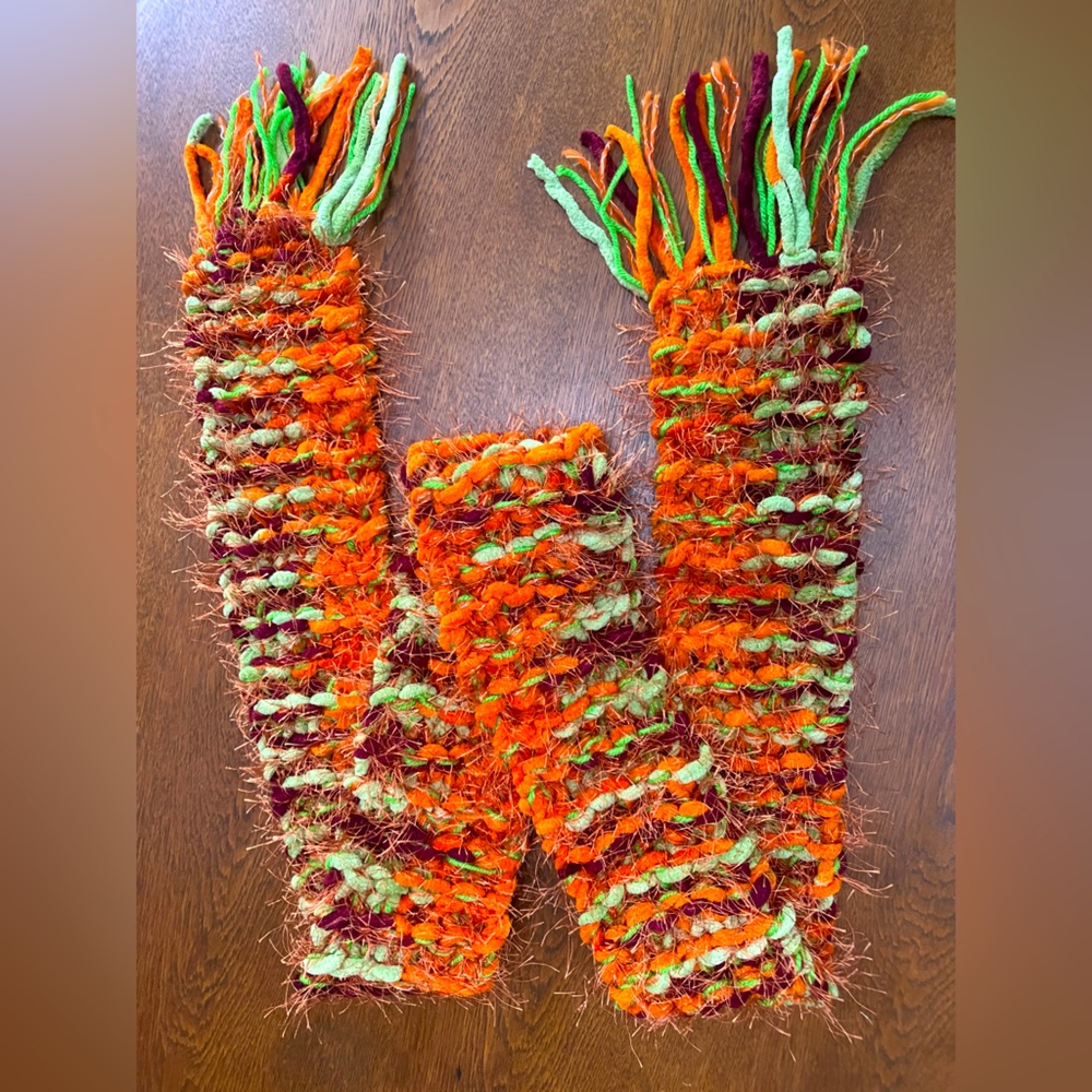 Fall/winter 66” long (4”wide) knit scarf/new. PLUSH. Orange/green/mint/Burgandy.
